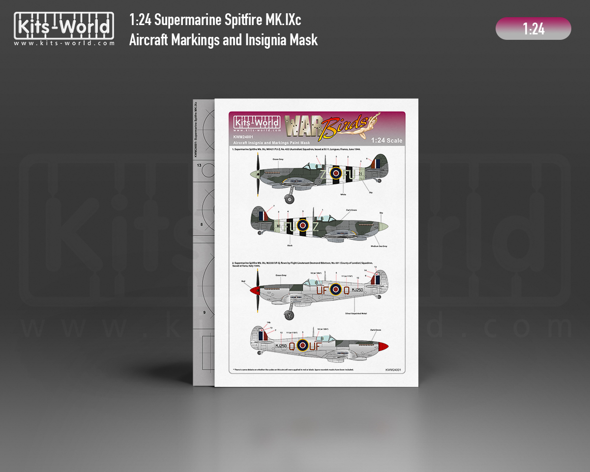 Kitsworld Kitsworld - 1:24 Scale Paint Mask Supermarine Spitfire Mk. IXc KWM24001 MK421/FU-Z, No. 453 (Austlian) Squadron, MJ250/UF-Q, No. 601 (County of London) Squadron ra 